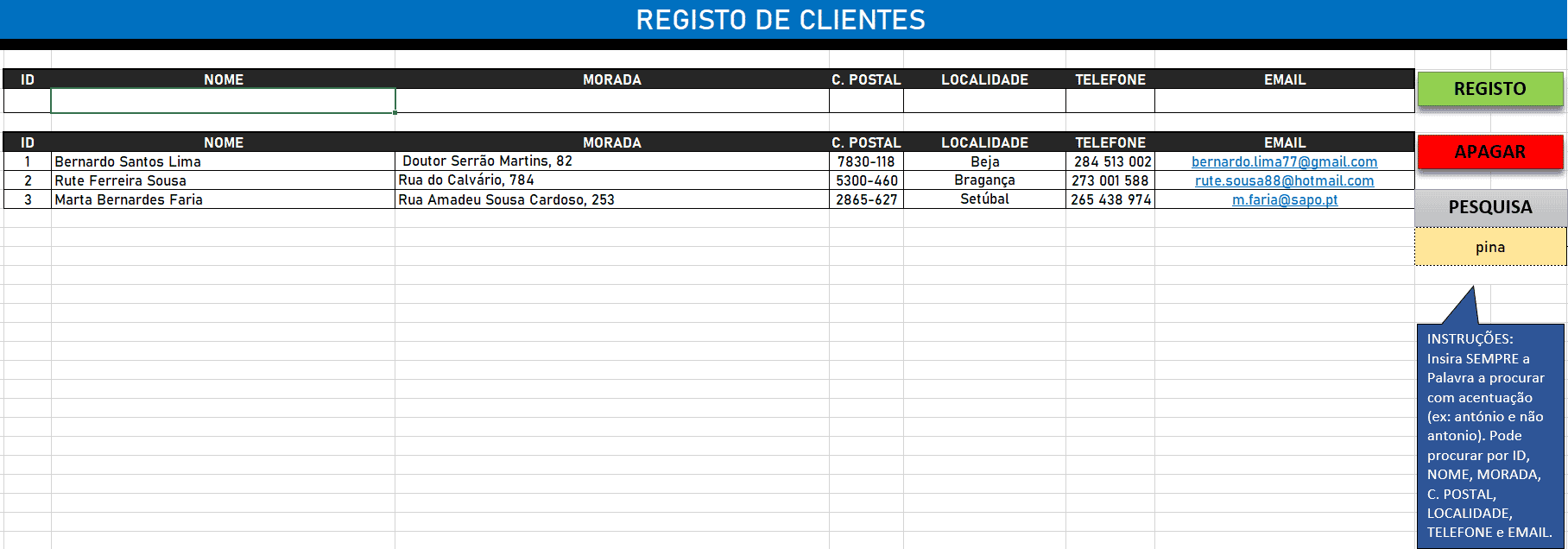 Folha Excel para registo de clientes